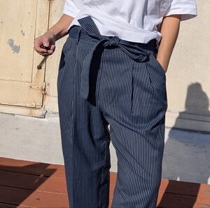 LOFT Navy Pinstripe Belted Trousers Office Attire
